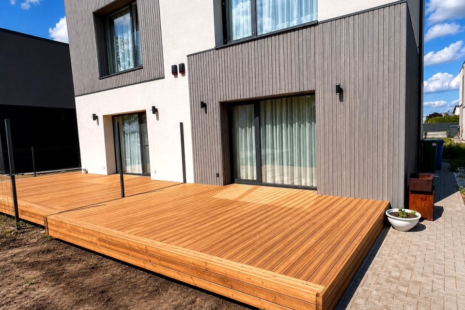 18 m² termo medienos terasa ant reguliuojamų atramų